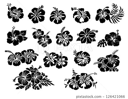 Hawaii tropical hibiscus flowers set, black stencil silhouette tattoo. Vector monochrome Hawaiian and Polynesian vegetation blooms, floral decals, isolated elements of culture, beauty and nature Hawaii tropical hibiscus flowers set, black stencil silhouette tattoo. Vector monochrome Hawaiian and Polynesian vegetation blooms, floral decals, isolated elements of culture, beauty and nature 126421066