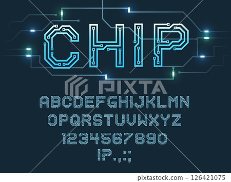 Chip type font, vector alphabet letters, digits and punctuation marks Blue microcircuit glowing abc uppercase characters, fluorescent electric futuristic style signs set isolated on dark background 126421075