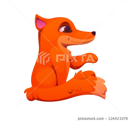 Letter E kids animal alphabet as funny cartoon fox character with an orange body, sits upright with its paws raised. Funny zoo mascot font, children English typeface, cute abc for children education 126421076