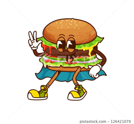 Cartoon groovy fast food burger character in superhero cape. Isolated vector retro tasty beefburger fastfood personage, flashing a peace sign with a wide smile, exudes cool funky 60s or 70s vibes Cartoon groovy fast food burger character in superhero cape. Isolated vector retro tasty beefburger fastfood personage, flashing a peace sign with a wide smile, exudes cool funky 60s or 70s vibes 126421078