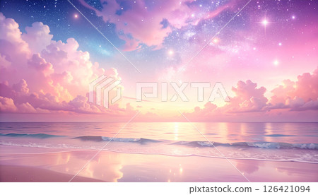 A landscape painting of a sunset, clouds, waves and sky reflected in the sea 126421094