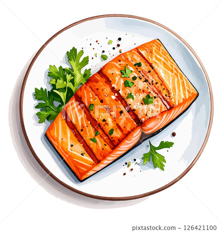烤鮭魚水彩插畫AI生成 126421100