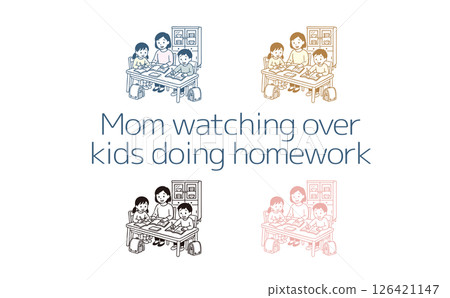 Mom watching over kids doing homework Mom watching over kids doing homework 126421147
