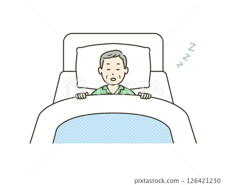 Illustration of an elderly man in pajamas sleeping soundly in bed 126421230