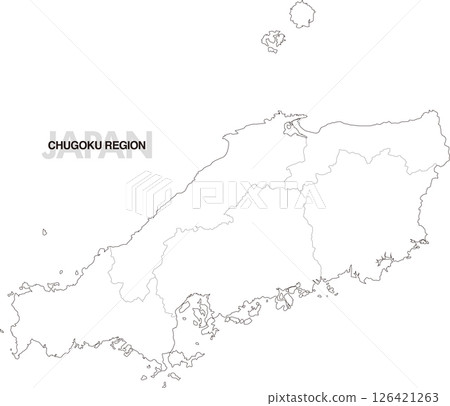 Blank map of the Chugoku region with prefectural borders 126421263