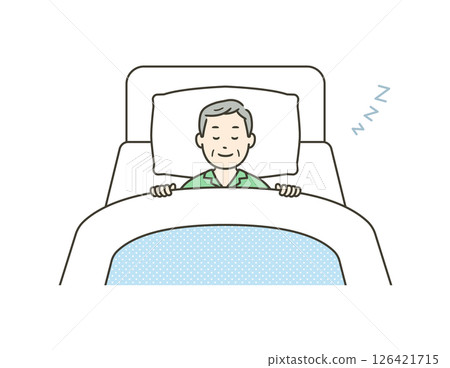 Illustration of an elderly man in pajamas sleeping peacefully in bed with a smile 126421715