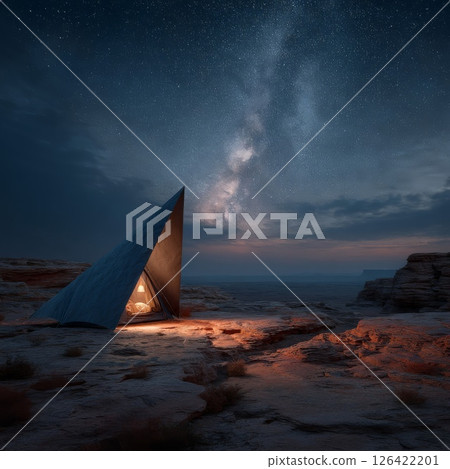 Desert Night Landscape with Triangular Structure under Milky Way 126422201