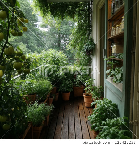 Lush Balcony Garden with Rain and Green Plants 126422235