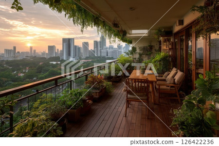Sunset City View from a Lush Balcony Terrace Sunset City View from a Lush Balcony Terrace 126422236