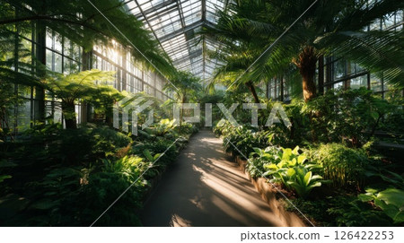 Sunlit Greenhouse Path Lush Greenery Plants 126422253