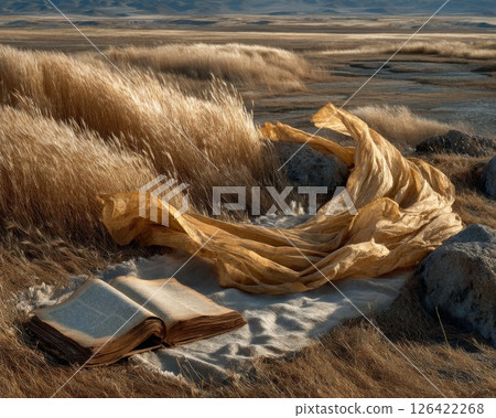 Golden Fabric and Ancient Book in a Desert Landscape 126422268