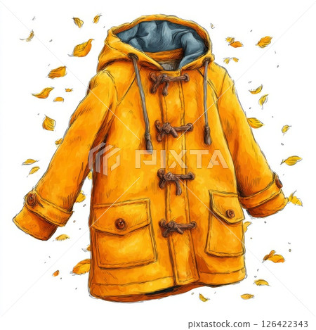 Yellow Hooded Raincoat with Autumn Leaves Illustration 126422343