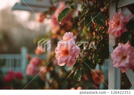 Pink Roses with Dew Drops on a White Gazebo 126422351