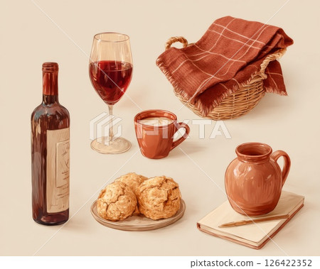 Rustic Picnic Still Life with Wine and Bread 126422352