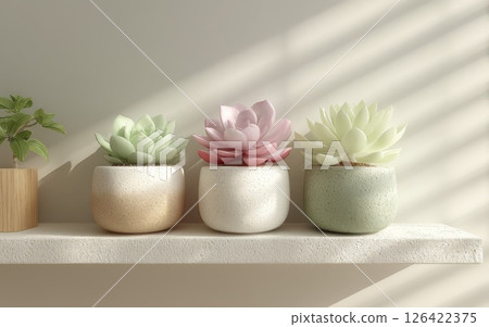 Pastel Succulents in Textured Pots on a White Shelf 126422375