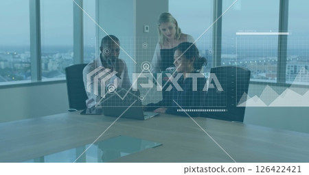 Image of financial data processing over diverse business people in office Image of financial data processing over diverse business people in office 126422421