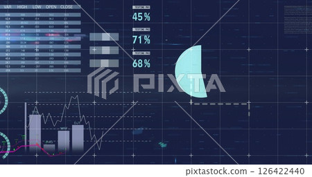 Image of digital data processing over grid on dark background Image of digital data processing over grid on dark background 126422440