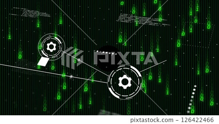 Binary code and gears image over green digital matrix background 126422466