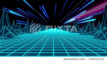 Neon grid landscape with glowing lines and geometric shapes, futuristic image Neon grid landscape with glowing lines and geometric shapes, futuristic image 126422472