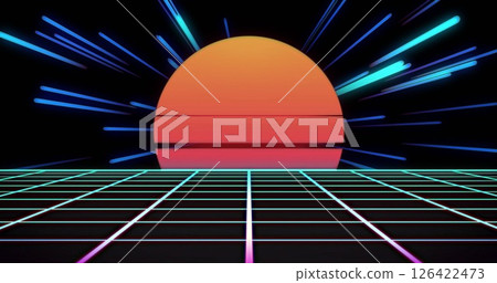 Retro sunset with neon grid and light streaks image 126422473