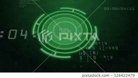 Green circular digital interface with numbers and symbols over data processing image Green circular digital interface with numbers and symbols over data processing image 126422479