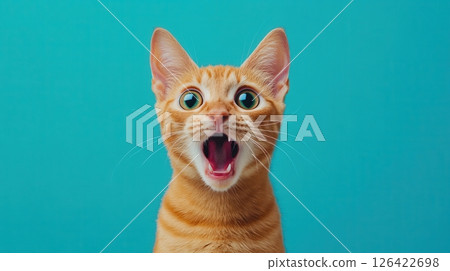 Ginger cat with wide eyes and open mouth showing surprise, shock or excitement 126422698