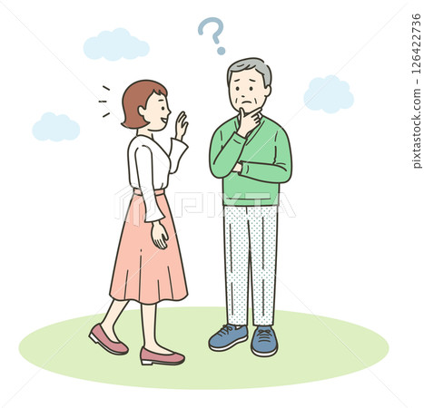 Illustration of an elderly man who is greeted by a young woman but forgets who it is 126422736