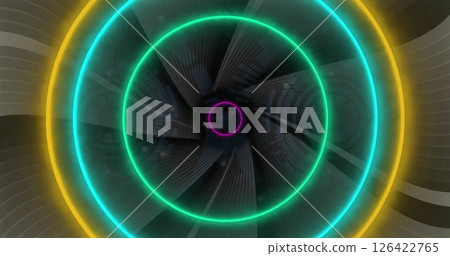 Neon circles and geometric shapes image over futuristic background Neon circles and geometric shapes image over futuristic background 126422765