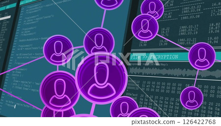 Network of user icons and encryption process image over computer code 126422768