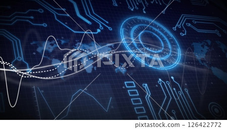 Digital data processing image over world map and circuit board background 126422772