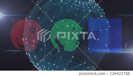 Network of connections and data processing image over globe icons 126422786