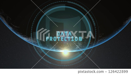 Digital interface image over Earth from space with sunrise Digital interface image over Earth from space with sunrise 126422899