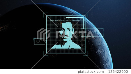 Digital face recognition image over Earth from space with data and numbers Digital face recognition image over Earth from space with data and numbers 126422900