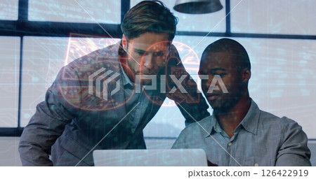 Business data analysis image over two men working on laptop in office Business data analysis image over two men working on laptop in office 126422919