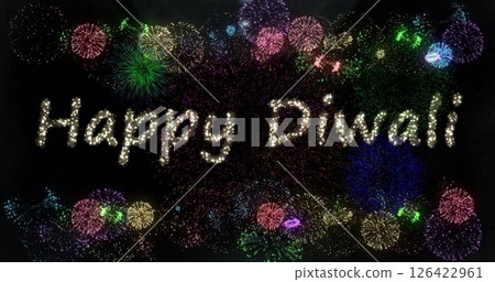 Happy Diwali text image over colorful fireworks in night sky Happy Diwali text image over colorful fireworks in night sky 126422961