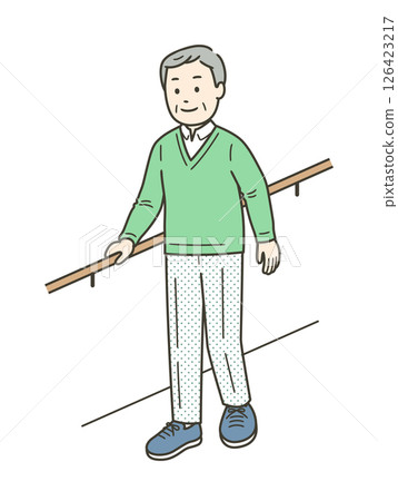 Illustration of an elderly man smiling and doing walking training while holding onto a handrail Illustration of an elderly man smiling and doing walking training while holding onto a handrail 126423217