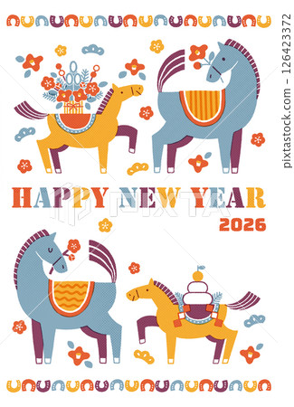 2026年馬年新年賀卡插圖（馬和嬰兒以及喜慶的新年） 126423372