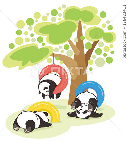 Panda lazing around on a tire playground 126423411