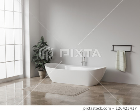 Stylish and contemporary bathroom with elegant freestanding tub and lush greenery, 3D render illustration. Stylish and contemporary bathroom with elegant freestanding tub and lush greenery, 3D render illustration. 126423417