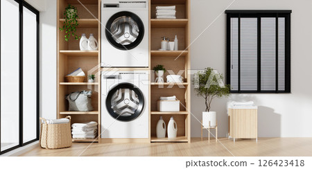 Home appliance efficiency in sleek laundry room organization. 3D render illustration Home appliance efficiency in sleek laundry room organization. 3D render illustration 126423418