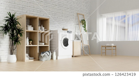 Bright and airy laundry room showcasing modern storage solutions. 3D render illustration Bright and airy laundry room showcasing modern storage solutions. 3D render illustration 126423419