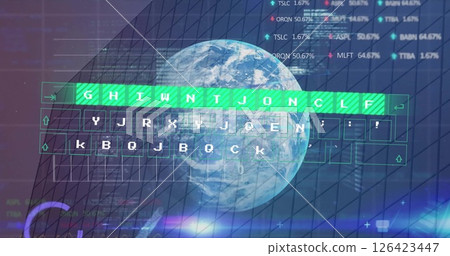Image of data processing over globe and grid 126423447