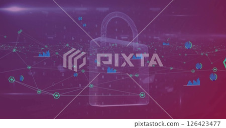 Image of padlock, icons and data processing over network of connections Image of padlock, icons and data processing over network of connections 126423477