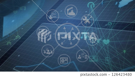 Image of icons and data processing over connections Image of icons and data processing over connections 126423480