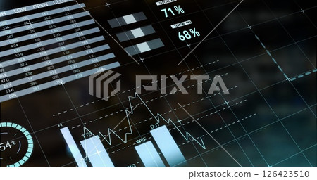 Image of data processing and diagrams over black background Image of data processing and diagrams over black background 126423510