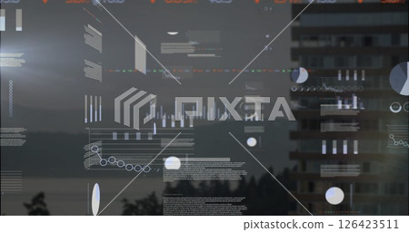 Image of data processing and diagrams over cityscape 126423511
