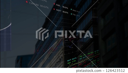 Image of data processing and diagrams over cityscape 126423512