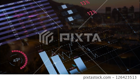 Image of data processing and diagrams over cityscape Image of data processing and diagrams over cityscape 126423513