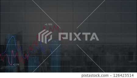 Image of data processing and diagrams over cityscape Image of data processing and diagrams over cityscape 126423514