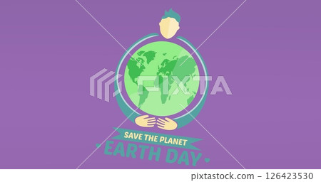 Image of man embracing globe and earth day text over purple background Image of man embracing globe and earth day text over purple background 126423530